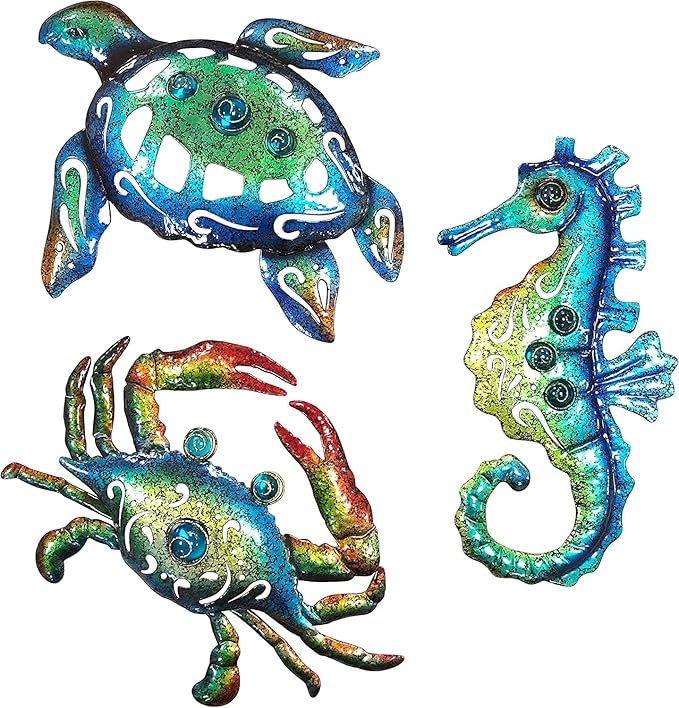 Weibefee Metal Sea Turtle Seahorse Crab Beach Themed Bathroom Wall Art Christmas Decor, Ocean Themed Wall Christmas Decorations Gift for Home Bathroom,10 Inch, Set of 3…