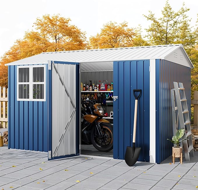 8x10 FT Outdoor Storage Shed,Metal Tool Shed with Clear Window, Lockable Doors,Large Garden Storage Box with Sloping Roof，Sheds&Outdoor Storage for Backyard Garden Patio Lawn, Navy Blue