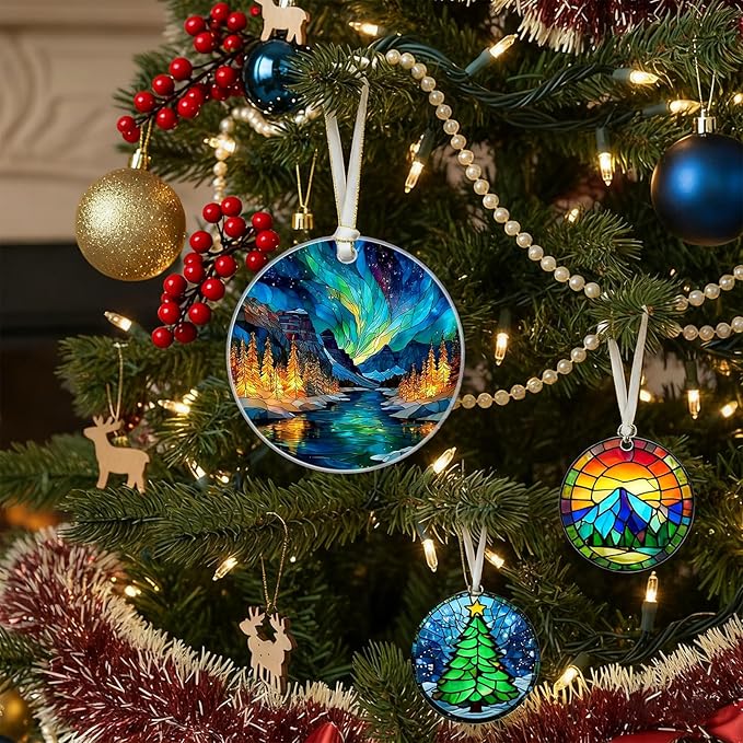 Northern Lights Christmas Ornaments 2025, Stained Glass Christmas Tree Decorations, Exchange for Women, Men, Collectible Dated Year Ornaments for Tree - Glass Hanging Ornament