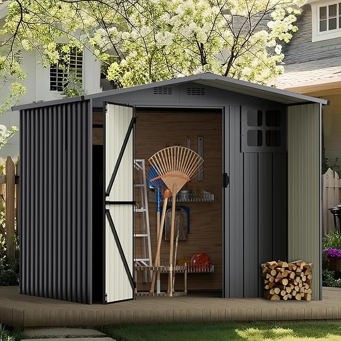 6×6 FT Metal Outdoor Storage Shed with Windows, Lockable Waterproof Sheds & Outdoor Storage, Garden Tool Shed for Lawn Mower & Backyard Patio, Dark Gray (No Floor)