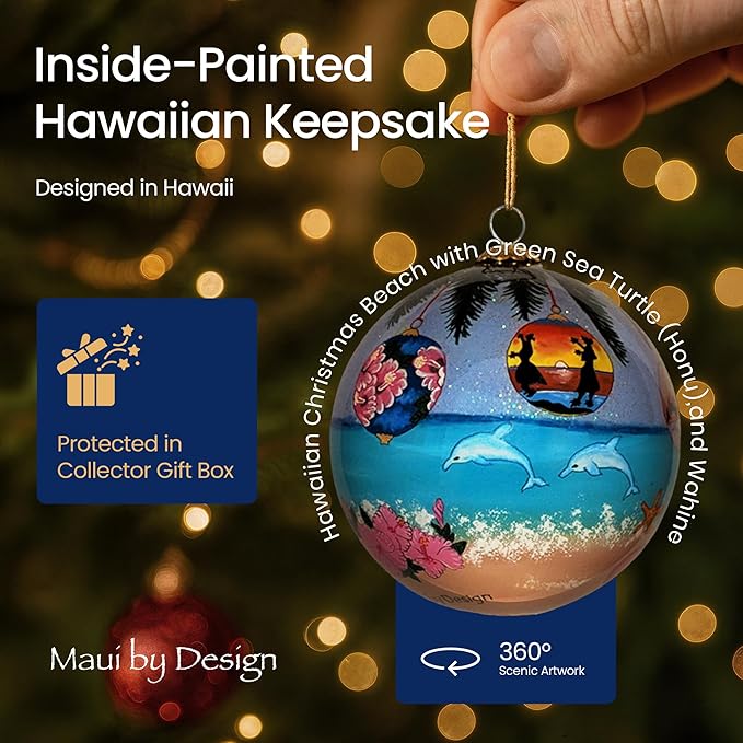 Hawaiian Ornament Christmas Under Palm Trees: Collectible Hand-Painted Glass Keepsake with Gift Box
