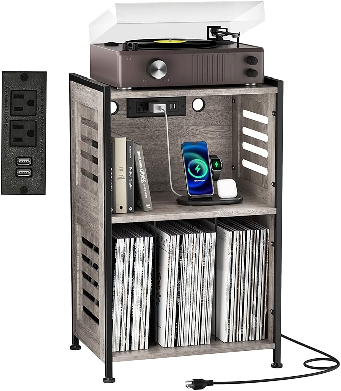 Y&M Record Player Stand, Vinyl Turntable Stand with Charging Station and USB Port, Record Display Table with Storage Cabinet, Turntable Holder, End Table, Nightstand for Bedroom, Living Room, Gray