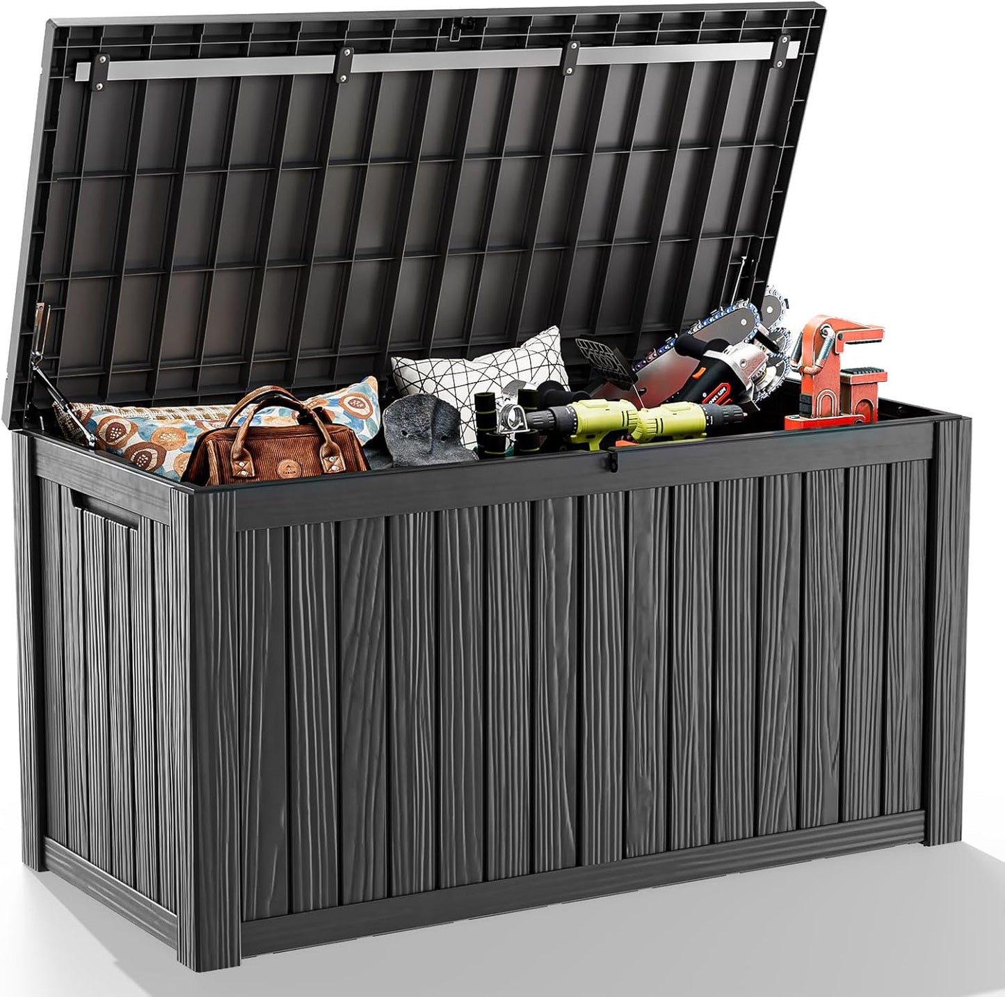 150 Gallon Outdoor Deck Box,Storage Lockable Waterproof Patio Furniture,Garden Tools,Cushions,Pool Accessories Outside Storage Resin Box(Black)