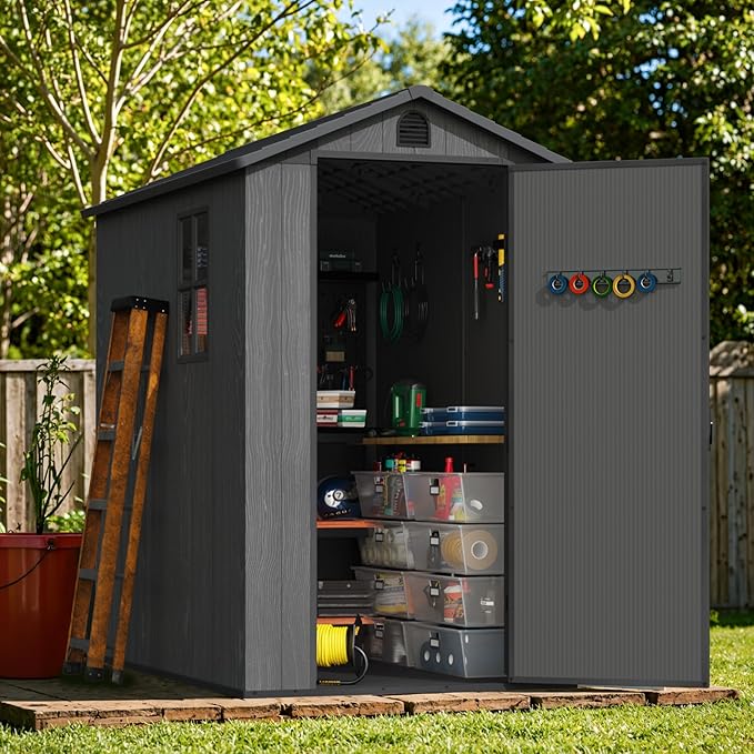 Greesum 4x6FT Plastic Storage Shed with Floor, Resin Outdoor Storaged Sheds with Lockable Door, All Weather Durable Tool Shed with Window and Vent, for Garden, Backyard, Patio, Dark Gray