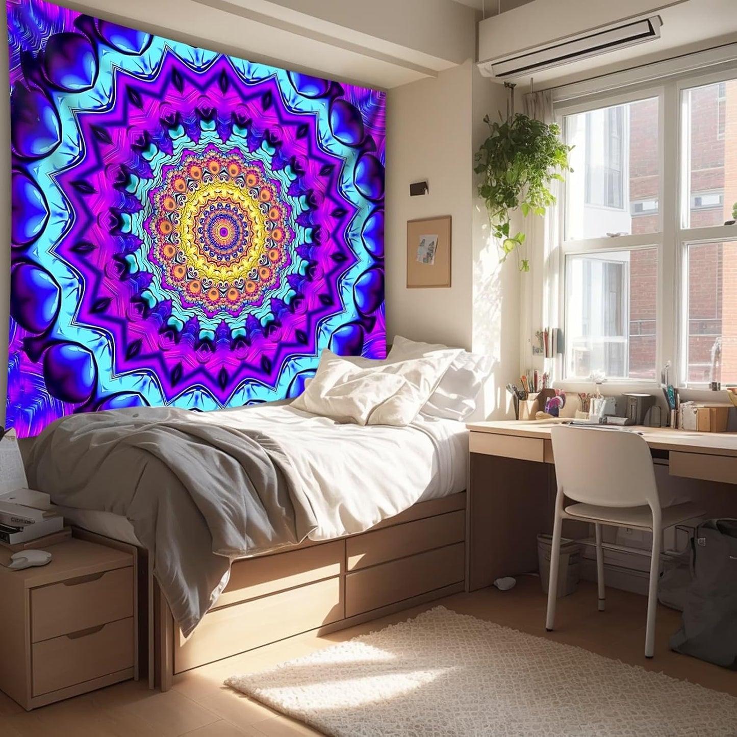 Blacklight Mandala Tapestry for Bedroom, Black Light Posters for Adults and Teens, Colorful UV Reactive Aesthetic Bohemian Wall Art Decor (90 x 70 Inches)