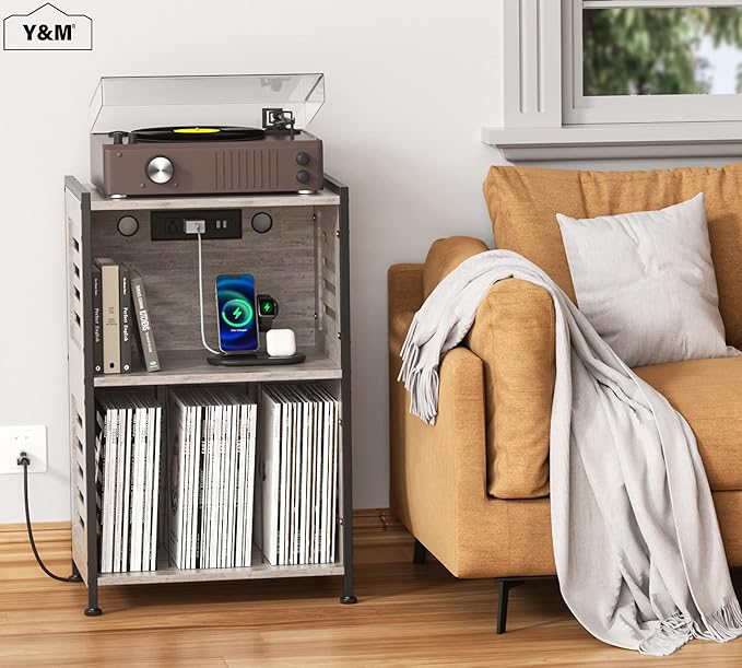 Y&M Record Player Stand, Vinyl Turntable Stand with Charging Station and USB Port, Record Display Table with Storage Cabinet, Turntable Holder, End Table, Nightstand for Bedroom, Living Room, Gray
