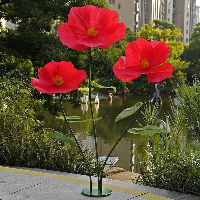 Large Paper Artificial Flowers,Giant Flowers for Decoration,Huge Handcrafted Poppy Fake Flowers with Stand for Home Decor Bridal Shower Party Outdoors Yard Event Backdrop Decor (red)