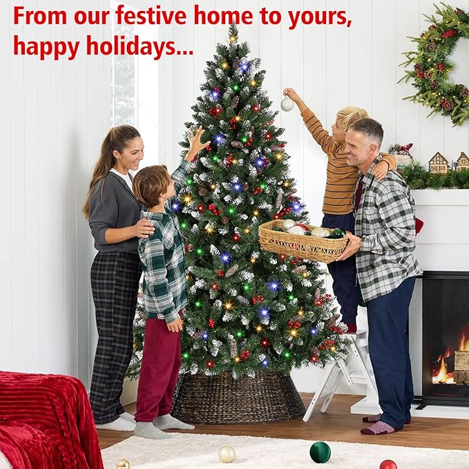 6.5 Ft Pre-Lit Artificial Christmas Tree with 400 Dual Color LED Lights & Timer - Snowy Spruce with 1100 Branch Tips & 60 Pine Cones & 60 Berries Indoor Outdoor Home Christmas Decorations