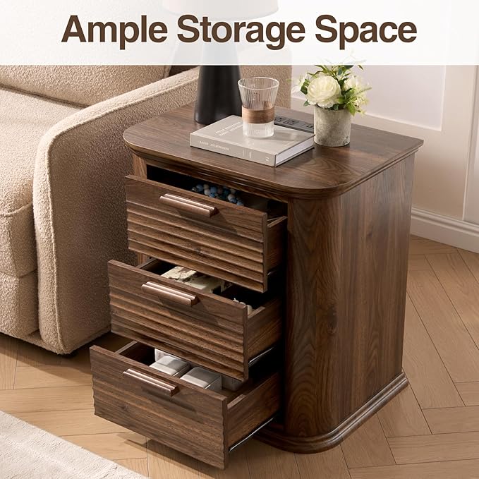 Okvnbjk 22" Wide Fluted Nightstand with Charging Station, Modern End Table for Living Room, Bedroom, Home Office, Wood Curved 3 Drawer Dresser, Large Bedside Tables, Dark Walnut