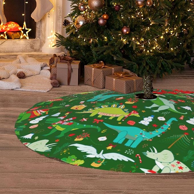 Cute Christmas Dinosaur Christmas Tree Skirt 36 Inches Animal Tree Skirt Xmas Tree Mat Holiday Party Supplies Christmas Tree Decorations