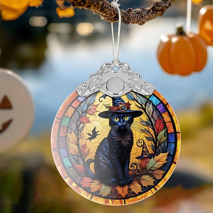 2025 Ornaments for Christmas Tree, Zmoicky Stained Glass Hanging Ornament, Christmas Ornaments Clearance, Gift Exchange Ornament, Bauble Present - Witch's Black Cat