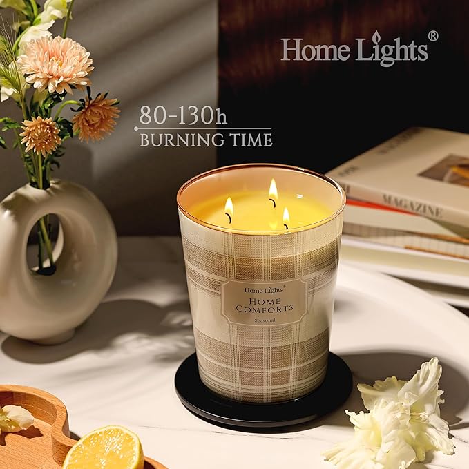 HomeLights Home Comforts Scented Candles | 34oz Soy Candles Rustic Modern 3-Wick Large Candle Jars | Ideal Candle Gifts for Events, Home Decor Stress, Relief & Relaxation
