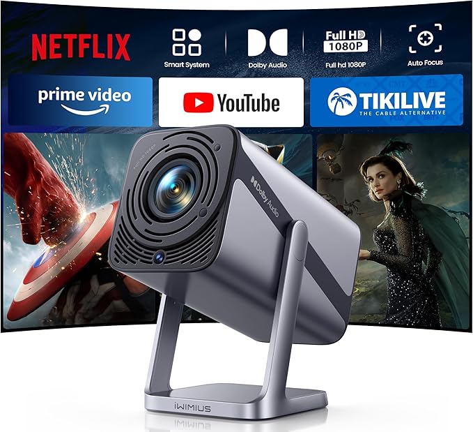 [Netflix-Licensed & 4K Support & Auto Focus]- Smart Projector with WiFi 6 and 2-Way Bluetooth, Dolby Audio/ Auto Keystone/Zoom,360°Adjustable Stand, iWIMIUS Mini Portable Outdoor Proyector w/ HDMI ARC