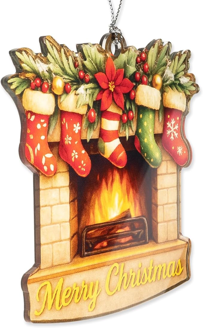 Christmas Fireplace Ornament – Holiday Decor - Christmas Stocking Ornament - Family Christmas Keepsake – Christmas Ornament 2025 – Suncatcher Effect Window Hanging