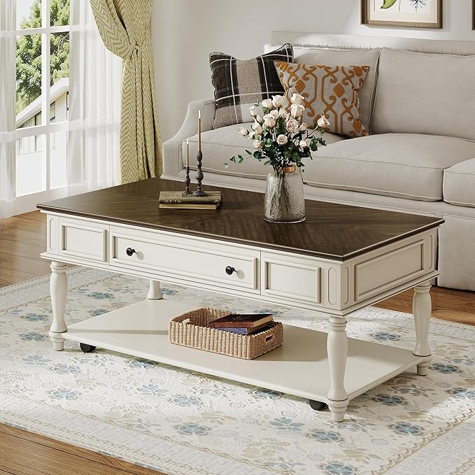 Polibi Coffee Table with Large Storage Drawer, Retro Movable Rectangular Cocktail Table with 4 Caster Wheels for Livingroom, Easy Assembly (Grey+White)