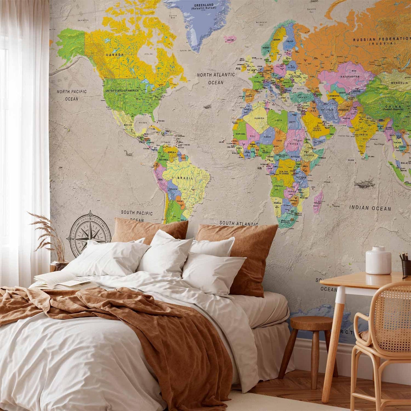 artgeist Premium Wall Mural World Map 138x101 in - XXL Non-Woven Wallpaper Fleece Wall Decor Photo Print Picture Image Design Home Map of The World k-A-0129-a-a
