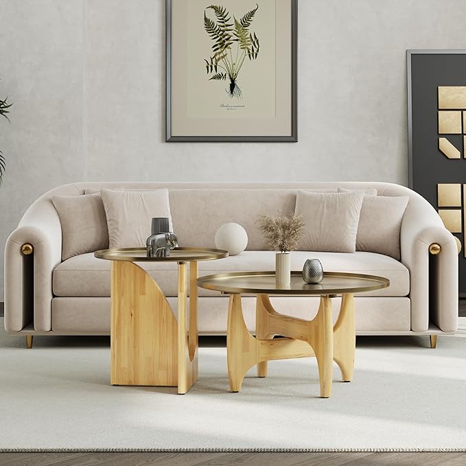 ACEDÉCOR 30“ Round Coffee Table, Brushed Gold Center Table with Low-Rim Edge Tray Top and Solid Wood X-Cross Base for Living Room Office Apartment