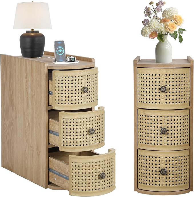 Metal Rattan Narrow End Table with Charging Station Set of 2, Boho Side Table with Drawers Storage, Small Night Stand with Power Outlets and USB Ports, Sofa Side Table for Living Room - Natural