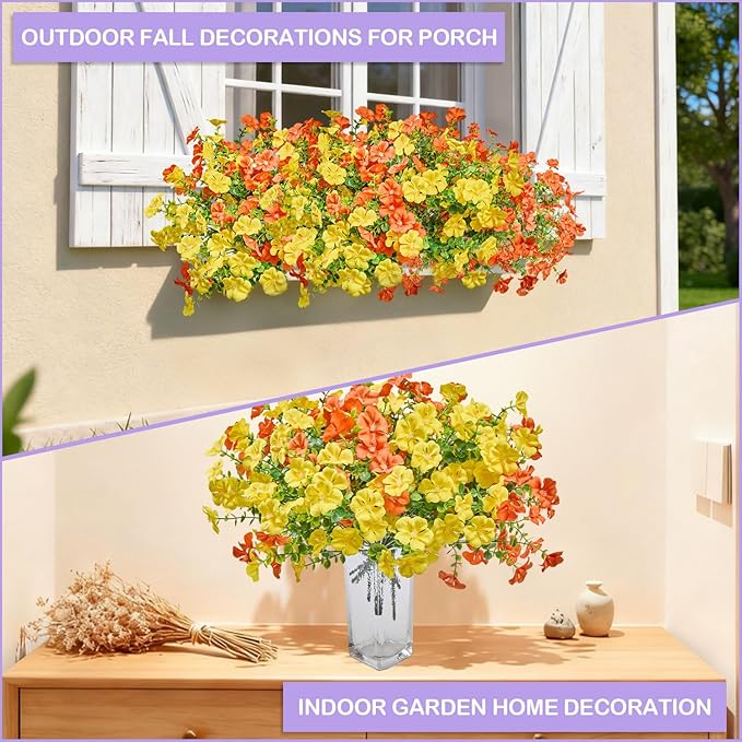 Artificial Flowers Outdoor Indoor Garden Family Porch or Patio Decoration,Faux Flowers,Small Flowers Outdoor Artificial Flowers a Bunch of 12 Orange and Yellow
