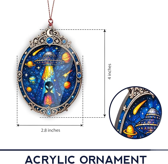 Alien Ornament – UFO Decor | Galaxy Ornament + Sci Fi Keepsake – Space Lover Gift – Alien Christmas Ornament – Suncatcher Effect Stained Glass Window Hanging – Car Hanging Decoration
