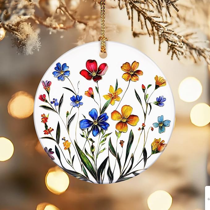 Christmas Ornaments, Dodosky 2.8in Ceramic Wildflower Ornament, Xmas Decor, Christmas Tree Ornaments, Xmas Decorations for Tree, Holiday Ornament, Flower Themed Gifts, Gifts for Women, Plant Lovers