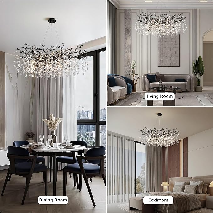 YUYI 47" Black Chandelier, 18-Light Modern Crystal Tree Branch Chandelier, Luxury Round K9 Crystal Raindrop Chandeliers Light Fixture for Dining Room, Living Room, Foyer, Entryway, Bedroom, Kitchen