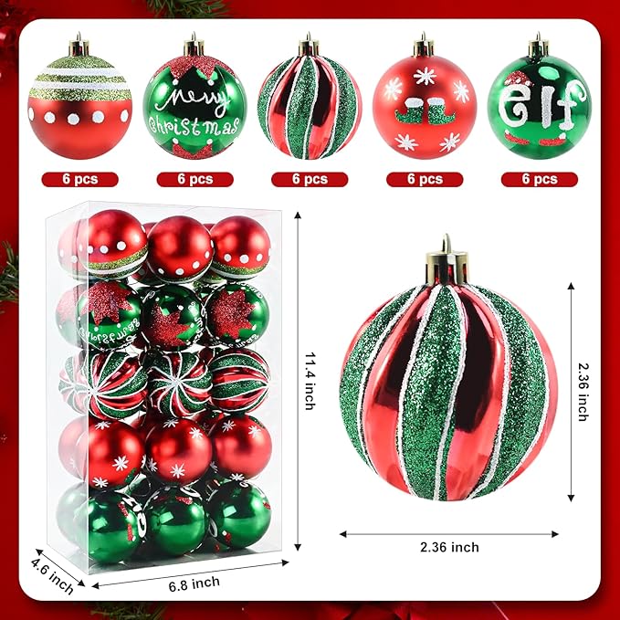 30PCS Christmas Ball Ornaments - 2.36 Inch Red Green Christmas Balls, Shatterproof Xmas Tree Hanging Ball Ornaments Decorations for Xmas Trees