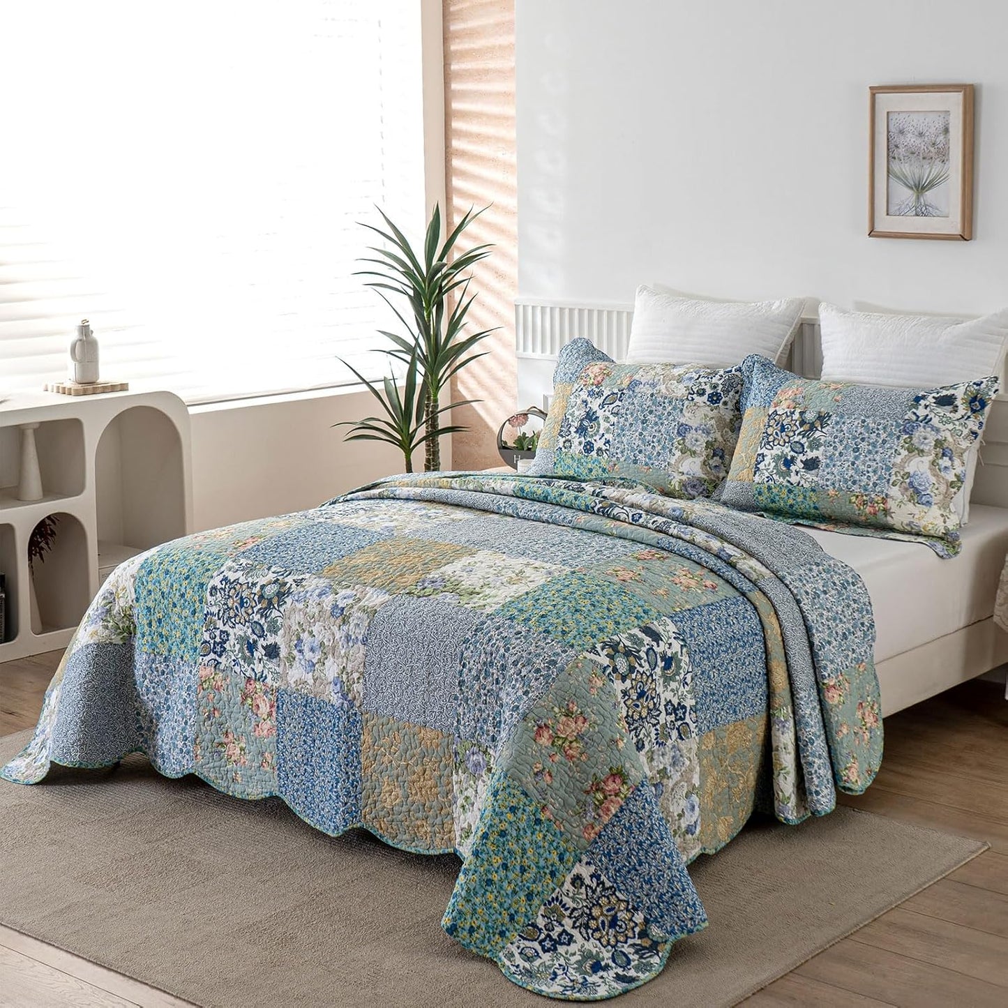 YAYIDAY Oversized King Bedspreads Patchwork Quilt Set (120x118 Inch) - 100% Cotton Reversible Breathable Floral Quilted Coverlet with Pillow Shams Fit All Season