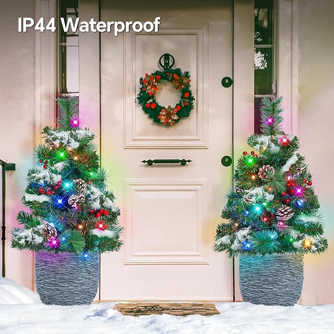 Outdoor Pathway Christmas Trees, 2-Pack 28.5Inch RGB Color Changing Pre-Lit Smart Artificial Pine Tree with Cones, Remote&App Control, Outdoor Christmas Decorations for Porch Yard Walkway