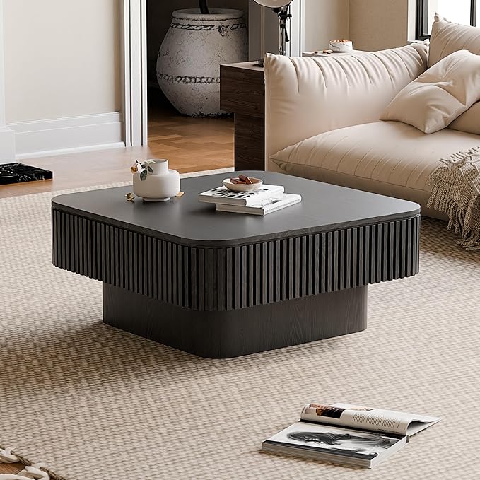 31.5'' Square Coffee Table with Storage, Mid Century Modern Fluted Drum Center Tables with Lid, Solid Wood Modern Coffee Table Accent Tea Table for Living Room, Bedroom, Apartment or Office, Black