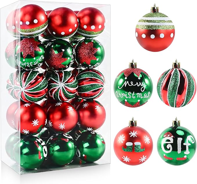30PCS Christmas Ball Ornaments - 2.36 Inch Red Green Christmas Balls, Shatterproof Xmas Tree Hanging Ball Ornaments Decorations for Xmas Trees