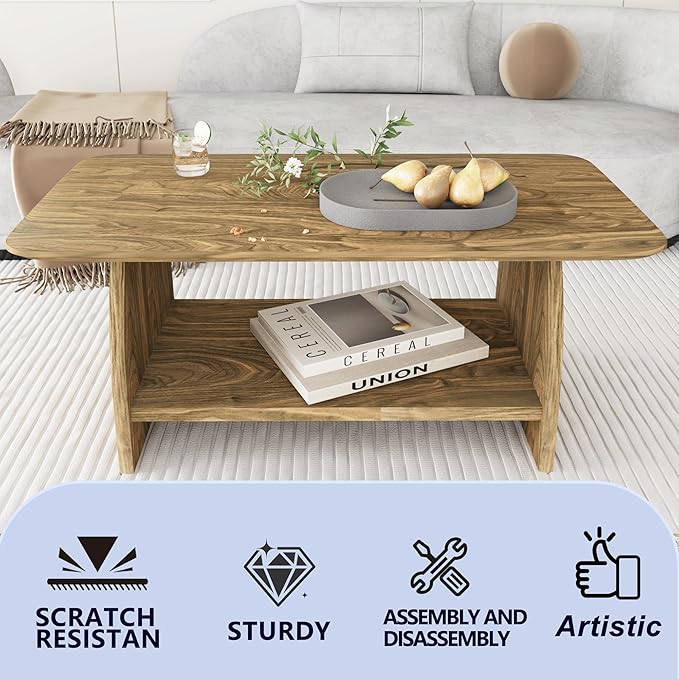 Farmhouse Coffee Table, Rectangular Living Room Table, 47'' Wooden Center Table with Storage, for Living Room, Bedroom, Rounded Corner Design