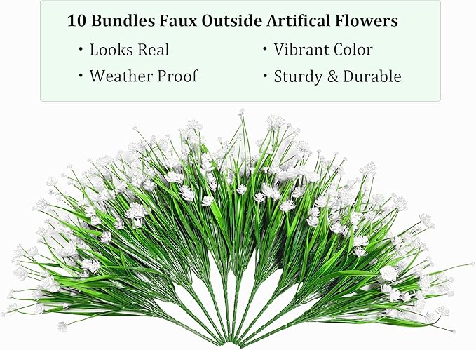 Plastic Artificial Flowers 10 Bundles Outdoor Artificial Fake Flowers Faux Plastic Shrubs Plants No Fade for Outdoor Porch Farmhouse White