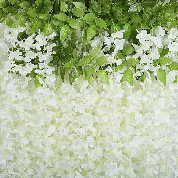 U'Artlines 48 Pack (Total 172.8 Feet) Artificial Fake Wisteria Vine Rattan Hanging Garland Silk Flowers String Home Party Wedding Decor (48, White)