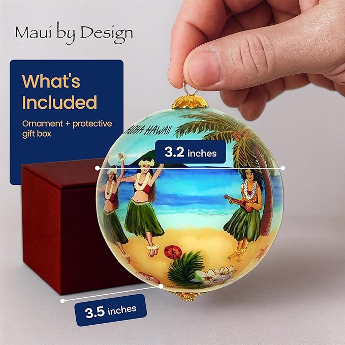 Collectible Hawaiian Hula Ornament Hand Painted Glass with Gift Box HU/H