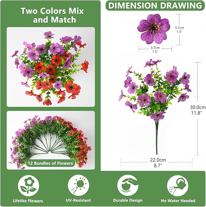 Artificial Flowers for Outdoors, 12 Bundles Multicolor Silk Fake Flower for Spring Summer Decoration, UV Resistant No Fade Artificial Outdoor Plants for Home Planter Porch Patio Yard Decor