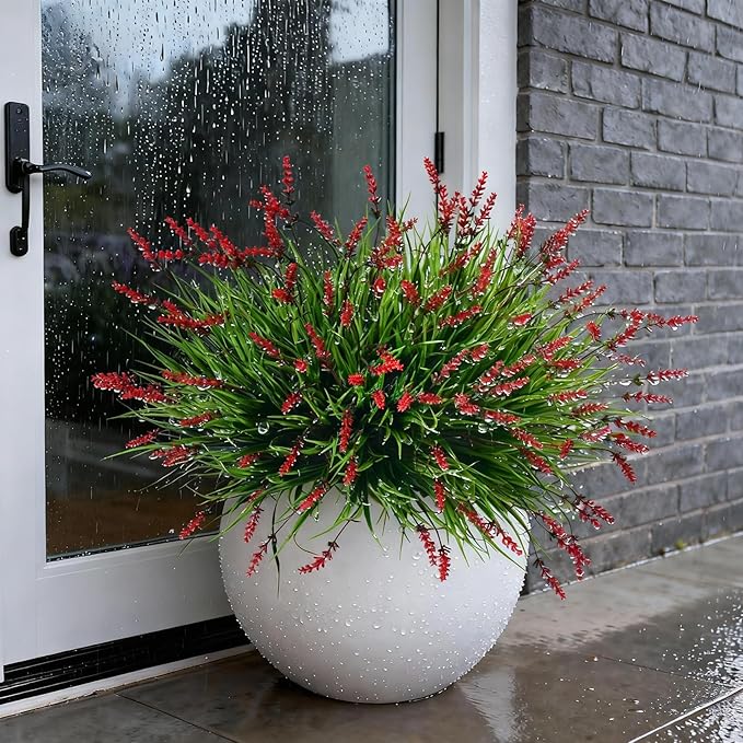 12 Bundles Artificial Lavender Flowers Faux Plants for Outdoor Fake Monkey Grass with Flowers Realistic Faux Greenery Shrubs for Porch Planters Patio Garden Window Boxes Pathway Decor (Red)