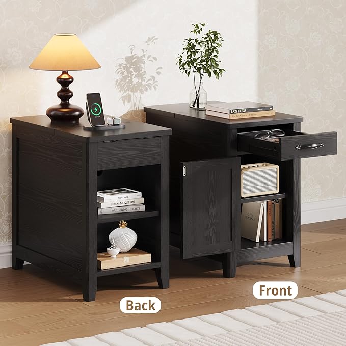IRONCK End Table with Charging Station, Narrow Side Table for Living Room, Night Stand Set of 2 with Drawer and Cup Holder, Farmhouse Bedside Table with USB Ports and Outlets for Home, Black