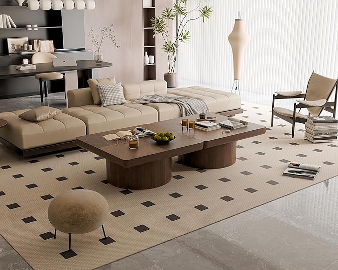 Square Coffee Table with Round Wood Pedestal Coffee Tables for Living Room, Modern Rustic Center Table Easy Assembly Walnut-ø34.6"&ø34.6 ø14.9