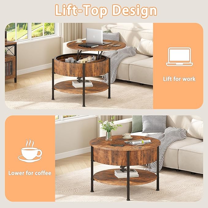 26.77” Small Coffee Table, Round Fluted Lift Top Coffee Table with Storage, Rustic Central Table with Lift Tabletop for Living Room, Home Office, Brown