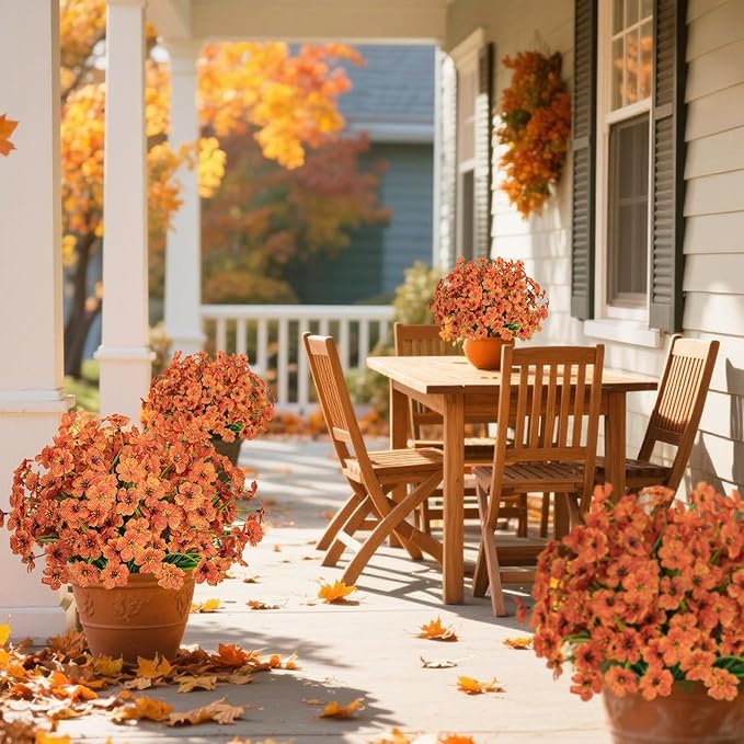 Ouddy Decor 12 Bundles Artificial Fall Flowers for Outdoors Fake Mums Fall Silk Flowers UV Resistant Faux Plastic Plants for Indoor Outdoor Vase Box Garden Porch Window Box Home Autumn Decor, Orange
