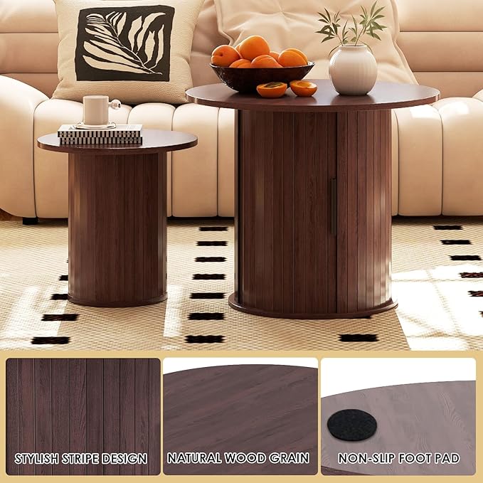 COSVALVE Nesting Coffee Table Set of 2 with Hidden Storage & Sliding Door, Circle Wood Coffee Table, Farmhouse Side & End Table Sets for Living Room, Small Spaces, Walnut