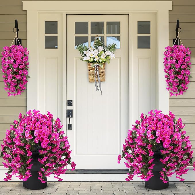 Sggvecsy Artificial Fake Hanging Flowers Plants for Outdoor Outside Spring Summer Decoration 2PCS Faux Silk UV Resistant Realistic Morning Glory Trailing Vines for Home Porch Patio Balcony(Purple red)