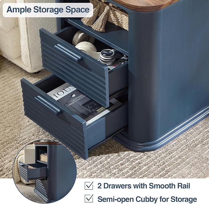 Okvnbjk 22" Fluted Nightstand Set of 2 with Charging Station, Modern End Table with 2 Drawers & Open Storage, Bedside Table for Living Room, Bedroom, Side Tables Curved Profile Design, Navy Blue