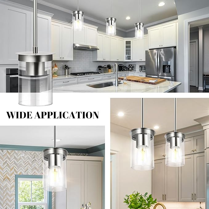 Modern Pendant Light Glass Shade, Kitchen Island Pendant Lighting with Glass Shade for Dining Room,Bedroom, Bar,Office,Farmhouse,Sand Nickel,4.72 Inch Shade 40 Inch Cord