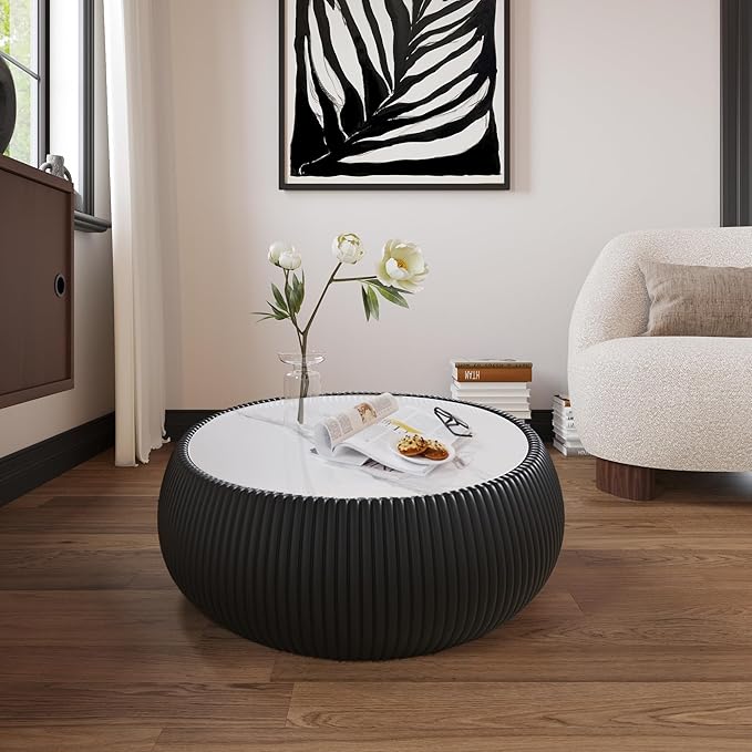 27.55" Black Round Coffee Table, Drum Coffee Table with Sintered Stone Tabletop and Fluted PU Leather Covered and Stable Base, Circle Cocktail Tea Table for Living Room