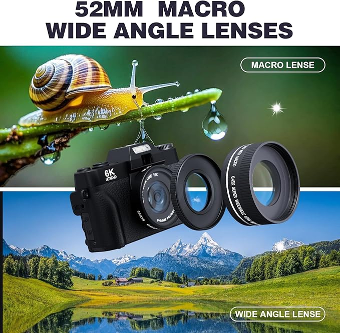 6K 64MP Digital Camera for Photography Vlogging Camera for YouTube, 180° Flip Screen, 16X Zoom Autofocus, Compact Travel Beauty Camera for Teens, 2 Batteries, with 52mm Lens, 32GB SD Card