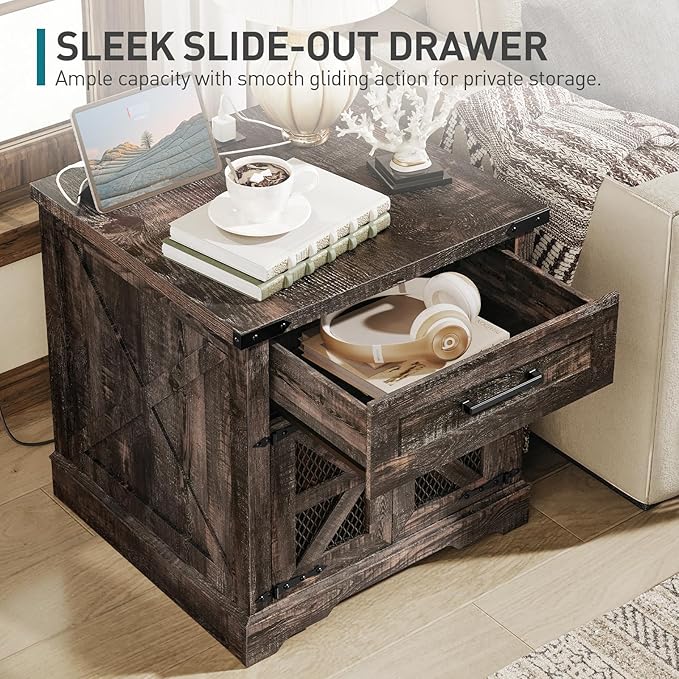 Farmhouse End Table with Charging Station, 24" Large Sofa Side Table with Drawer, Large End Table for Living Room, Wooden Nightstand with Outlet, Square, Dark Rustic Oak