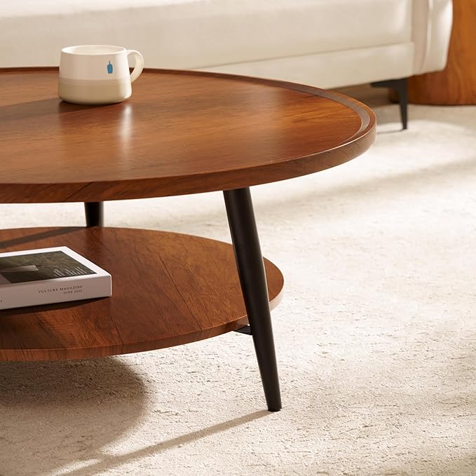 Saint Mossi Modern Coffee Table for Living Room, Mid-Century Round Wood Coffee Table, 2-Tier Center Table for Small Space, Walnut, W31xH15