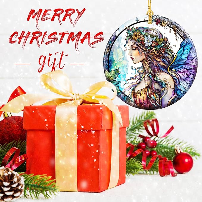 Stained Ceramic Fairy Ornament - Fairy Christmas Ornaments - Christmas Tree Ornaments - Christmas Decorations - Fairy Decor for Office, Room, Home - Holiday Present Ideas - B